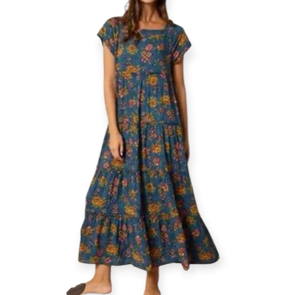 NWT Natural Life Cotton Dark Floral Tiered Maxi Dress Size XXL Blue Square Neck